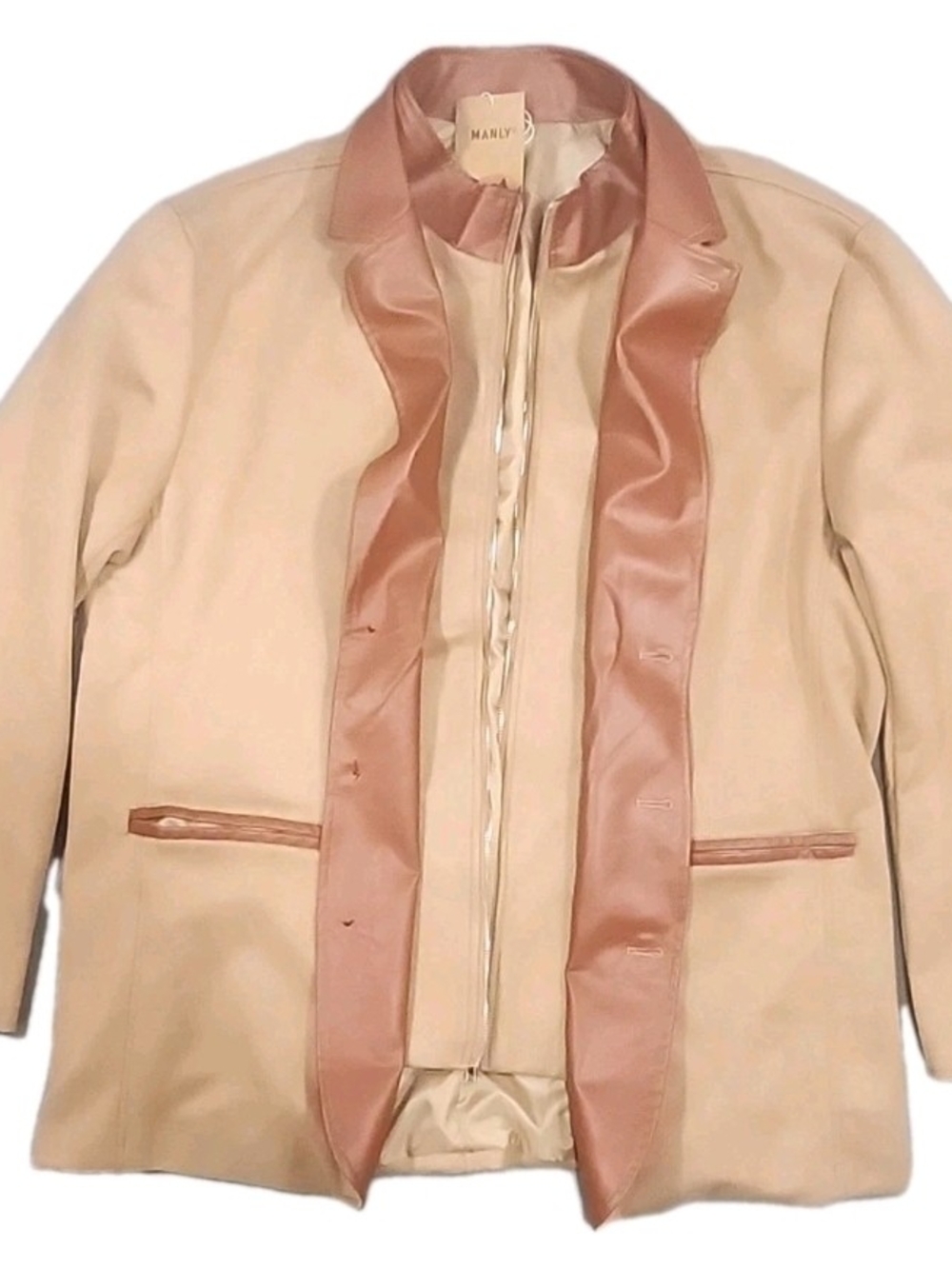 Manly Mens Tan Suede-Look Blazer Jacket Faux Leather Trim Mock Neck Zip 4XL